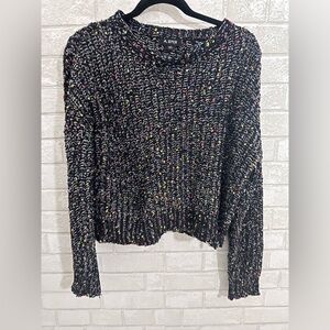 A. Byer Black Color Confetti Chunky Knit Crop Pullover Sweater womens L #1954
